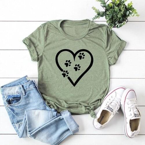 Harajuku Heart Love Print T Shirt Women Short Sleeve Basic Tee Shirt Cartoon Funny Dog Paw Ladies Tops TX5985