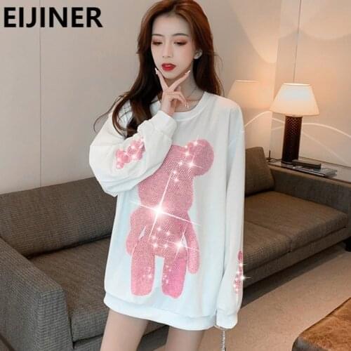 Hot Rhinestone Cartoon Bear White Hoodie Women 2021 Spring Fashion Loose Plus Size Harajuku Korean Kawaii Crewneck Long Pink Top