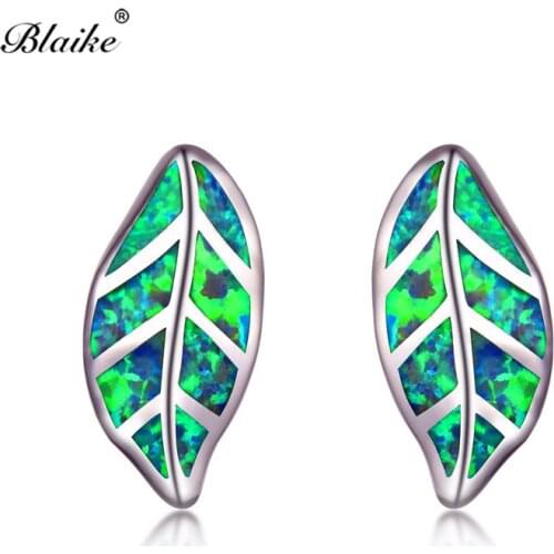 Blaike Charm Plant Tree Leaf Stud Earrings For Women 925 Sterling Silver Green White Blue Fire Opal Earrings Wedding Girls Gift