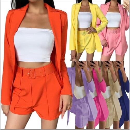 Hot sale 2021 New Women Sets Summer long sleeve cardigan Blazer shorts solid 2 two piece set Lady Casual Short Suits