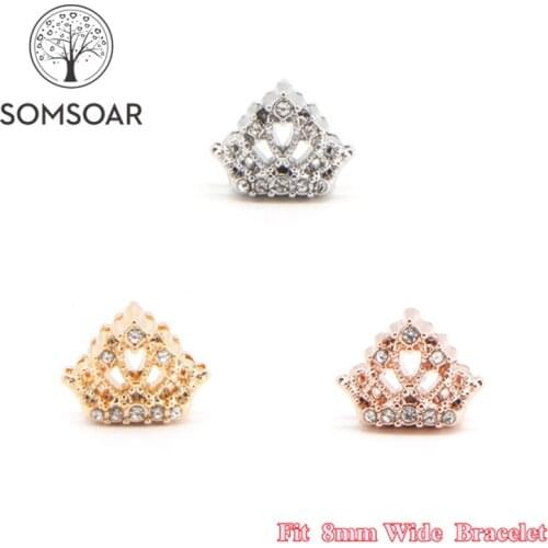 Somsoar Jewelry Luxury Crystal Crown Slide Charm fit 8mm Wide Leather Wrap Bracelet Mesh Bracelet as Toddler/Women 10pcs/lot