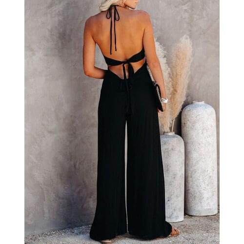 2020 Women Fashion Elegant Solid Halter Sleeveless Sexy Party Jumpsuits Female Summer Backless Halter Neck Jumpsuit