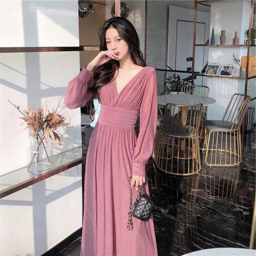 2021 Spring Autumn Women Backles Thin V-Neck A-Linen Long Dresses Style Bright Silk Waist Pleated Elegant Dresses