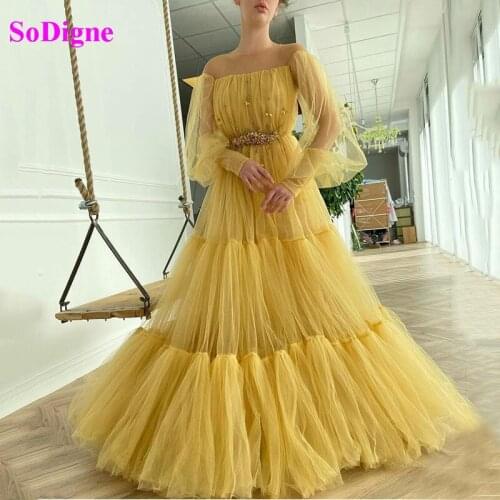 SoDigne Long Evening Dress 2021 Ruffles Long Sleeves Tired A Line Prom Gown Formal Party Dress Robe De Soiree