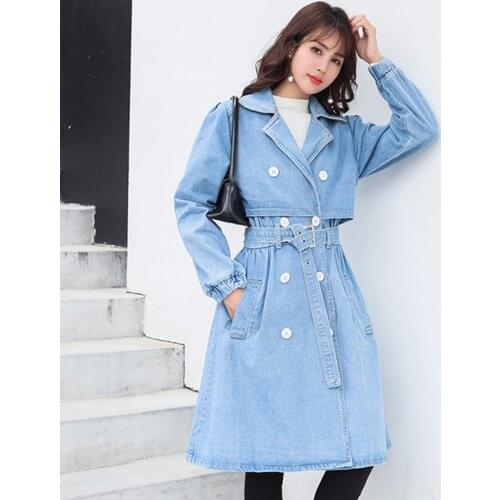 Women Long Denim Coat 2021 Fashion Women Slim Denim Coat Fall Winer Long Female Windbreaker Denim jacket Big Pocket Overcoat
