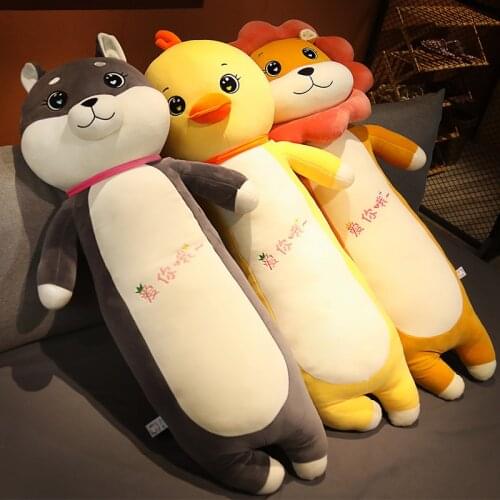 110cm Kawaii Long Body Smile Lion Chick Plush Toy Stuffed Soft Animal Husky Dog Pillow Sleeping Cushion for Kids Birthday Gift