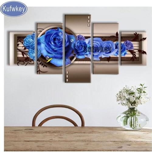 5 Piece diamond embroidery blue roses flowers mosaic diamond painting full square/round drill still life bedroom room decor