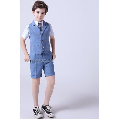 Prince Noble Vest Shirt Shorts Strap Bowtie 5Pcs Dress Boys Summer Luxurious Wedding Suit Children Piano Performance Costume