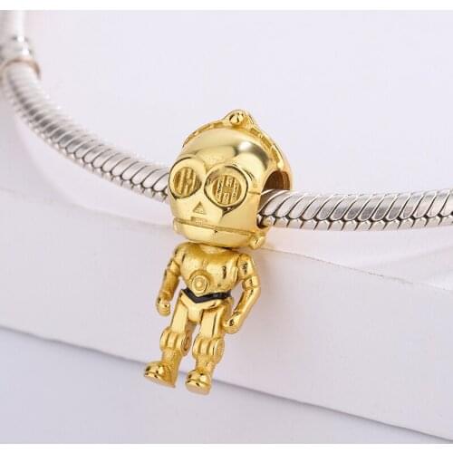 925 Sterling Silver Cartoon Character Golden Robot Planet Wars Pendant Charm Bracelet DIY Jewelry Making For Original Pandora