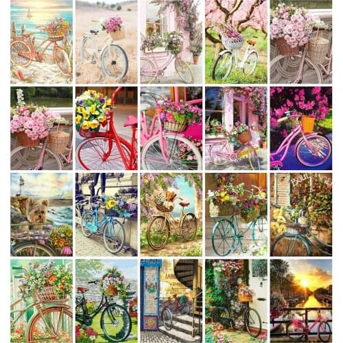 Huacan 5d Diamond Painting Full Drill Square Bicycle Farmhouse Home Decor Mosaic Bike Landscape Embroidery Flower Diamond Art