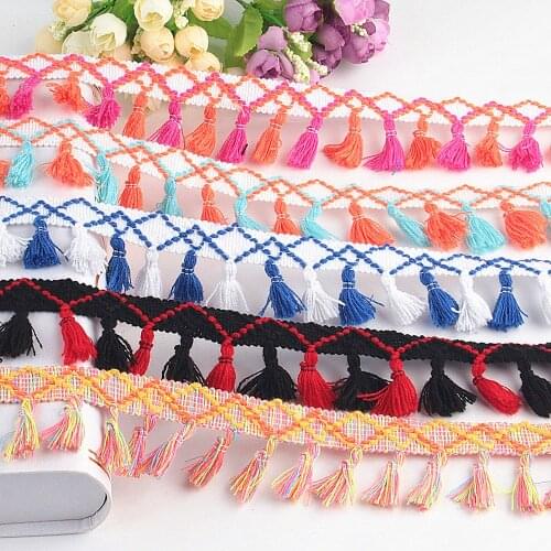 Tassel Fringes Trim Lace Fabric Colorful Sewing Pompons Cotton Tassels Trimming Curtain Ribbon Lace For DIY Craft Apparel 1yard