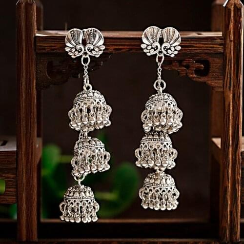 Classic Three Bells Long Indian Ladies Earrings Tibetan Jewelry Orecchini Etnici Vintage Silver Color Alloy Wedding Earrings
