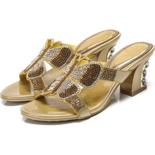 Summer 7cm Thick High Heel Diamond Slippers Women New Luxury Rhinestone Bow Hollow Slippers Large Size Casual Slippers