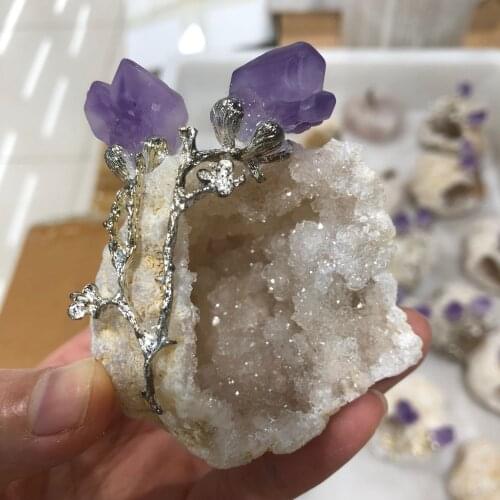 Natural agate geode crystal hole Mineral specimen contains Amethyst clusters healing energy stone Halloween decorations