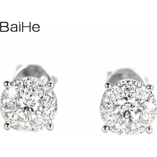 BAIHE Genuine Solid 14K White Gold Wedding Trendy Fine Jewelry Sparkling Diamond Stud Earrings Women Cерьги Christmas Gift