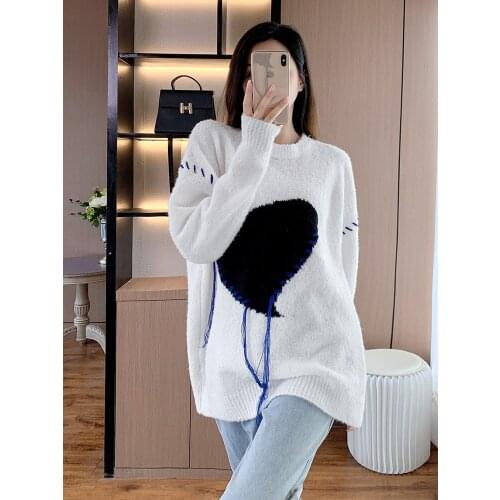 Harajuku Style Oversize Pullover Jumper Tops Women Winter Love Suture Colorblock Tassel Knitted Sweater Casual Knitwear Female