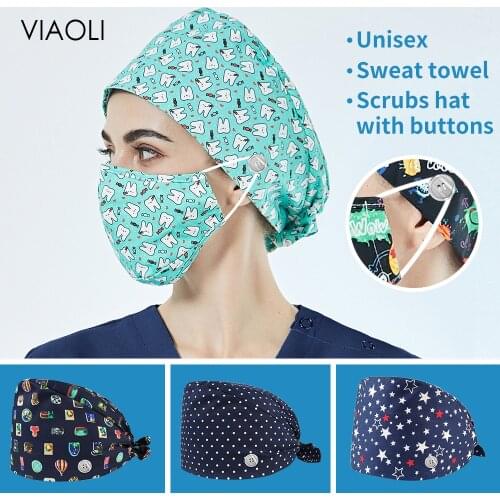 TieBack Working Hat Cotton Printing Clearance Pattern Scrub hat with buttons Washable Sweatband Beautician Dust Proof Scrub Caps