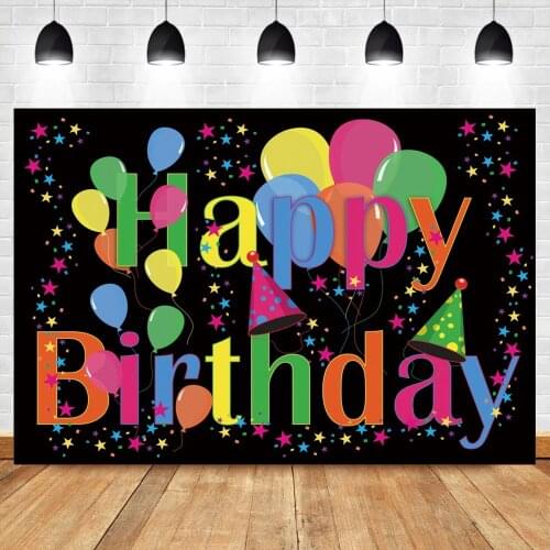 Laeacco Happy Birthday Vinyl Background Colored Ribbon Balloons Black Photography Backdrop Poster Customized Banner Photo Studio