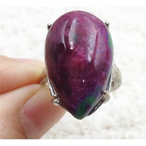 Top Quality Natural Ruby Zoisite Red Adjustable Ring Gemstone 24x15mm 925 Sterling Silver Water Drop Big Size Ring AAAAAA