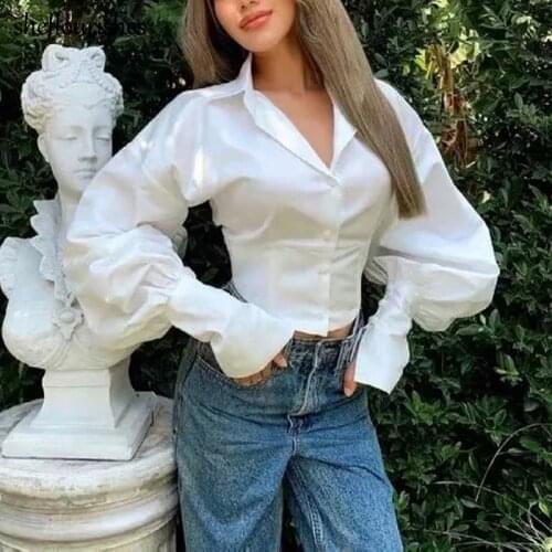 Vintage blouse women lantern sleeve shirt sexy slim cropped shirt white pink top bandage button up shirt satin solid blouse 2021
