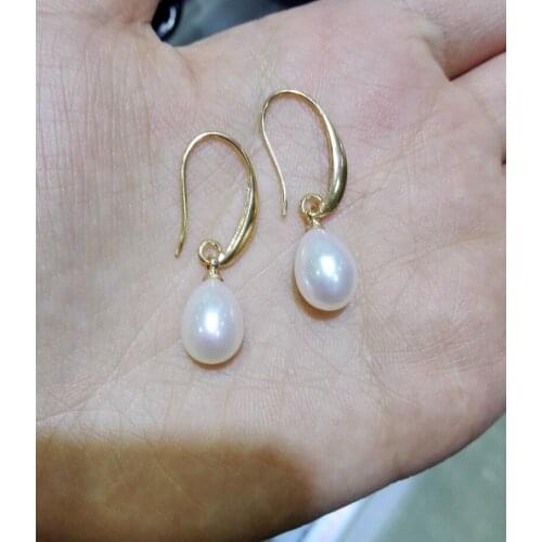 Woman Jewelry Earring 8mm White Pearl Dangle Gold color Hook Earring Real Natural Freshwater pearl