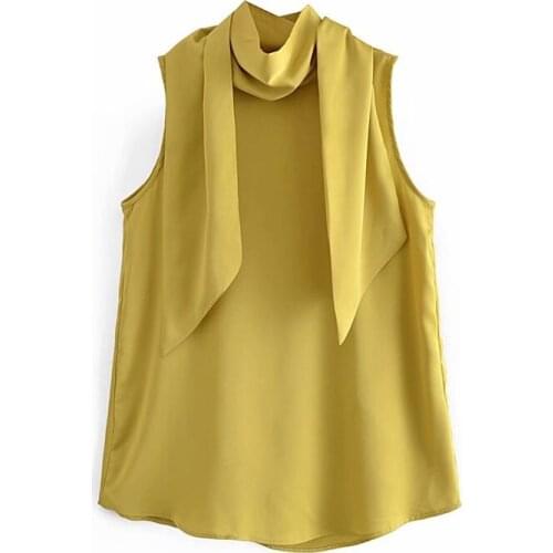 TRAF Women 2021 Fashion Solid Color Scarf Neckline Elegant Satin Top Retro Sleeveless Slim Shirt Streetwear