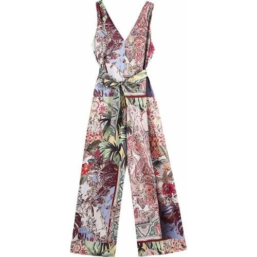 YVYVLOLO Za Vintage Print Wide Leg Jumpsuit Woman Summer 2021 Sleeveless Overalls Women Elegant Long Jumpsuits Fashion Belt Romp