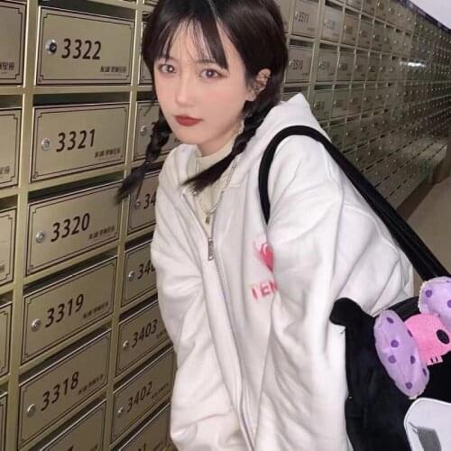 Harajuku Love Print Cardigan Zip-up White Hoodie Korean Casual Y2k vintgae Long Sleeve Oversize streetwear Punk E-girl outerwear