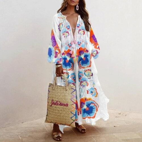 Vintage Floral Print Tassel Dress Women 2021 Summer Elegant Lantern Long Sleeve V Neck Long Dress Boho Loose Party Dress Vestido