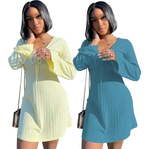 Casual Long Sleeve Knitted Short Dress Lace Up V Neck Elegant Dresses Women Fall Spring Solid Clothes Sexy Streetwear for 2021