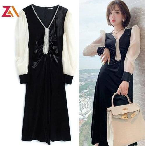 ZALady designer autumn Velvet dress fashion vintage long sleeve v-neck retro Diamond Split fork high waist women dresses female