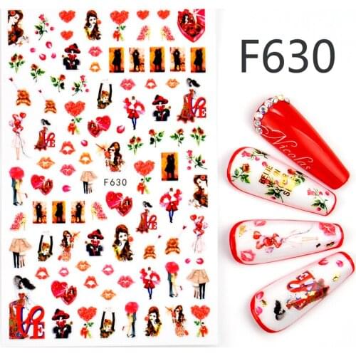 LCJ 1 PC Pink Flower Designs Memory Stickers 3D Red Slider on Nails Lover Umbrella Heart Adhesive Foils Art Accessories