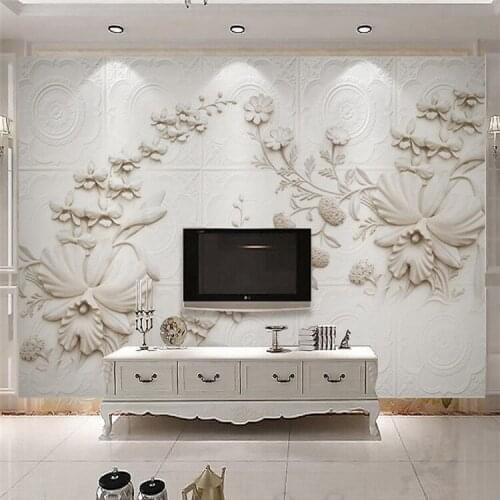 3d M White Simple European Stone Carving Orchid TV background wall 8d Relief Living room TV Background Wall Jewelry Flowers 5d