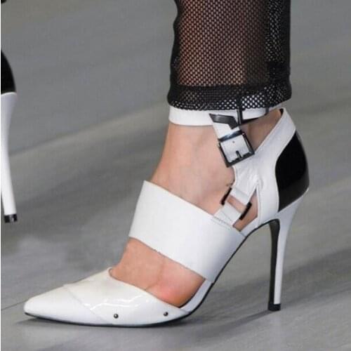 Free Shipping Brand Woman Black White Cuts Out Cheap High Quality Pointed Toe Pu Stiletto Heels Sexy Party Pumps Big Size 47