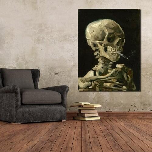 JQHYART Skull With Burning Cigarette By Vincent Van Gogh Oil Painting Art Print On Canvas, Pictures For Living Room Home Decor