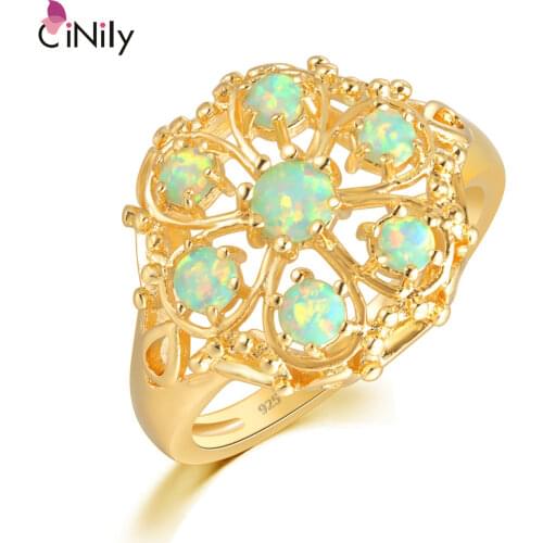 CiNily Green Fire Opal Rings With Stone Yellow Gold Color Flower Flora Lace Round Ring Bohemia BOHO Luxury Large Jewelry Female