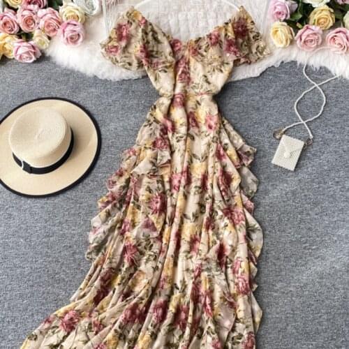 Boho Floral Long Dresses Women Short Sleeve Casual Vintage Dress Females Off Shoulder One Piece Dress Korean Fashion 2021 Summer
