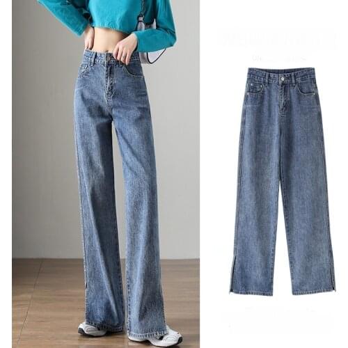 High waisted Jeans Woman Draping Flooring Pants Straight Wide Slit Leg Jeans Women Loose Vintage Blue Mom Baggy Jeans Women 2021