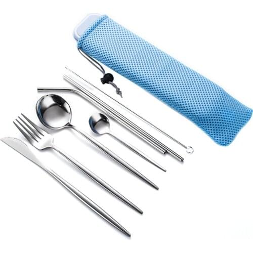 7 Pieces Travel Utensils Reusable Silverware Set Portable Cutlery Spoon and Fork Set with a Carrying Case and Bag Straws