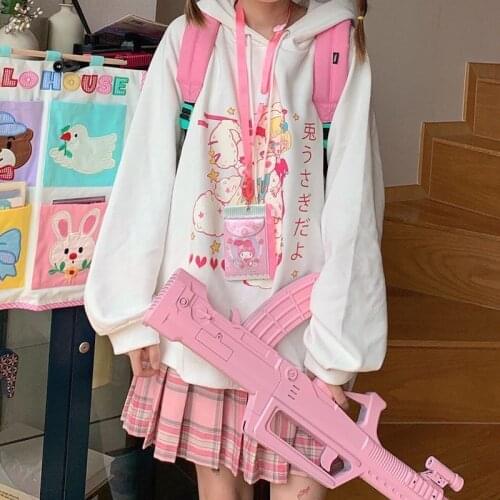 2020 autumn and winter cute hug rabbit print Japanese girl loose hooded long sleeves plus velvet thickening tide худи толстовка