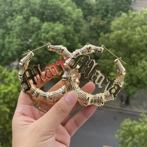 Custom Name Earrings Bamboo Style Gold Plated Stainless Steel Name Heart-shaped Earrings Personalized Jewelry Gift For Women