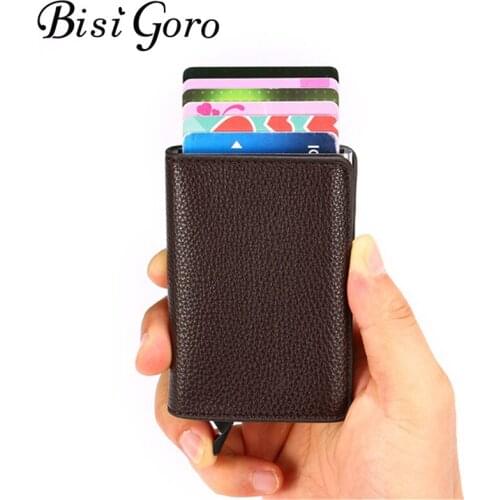 BISI GORO RFID Wallet Soft Leather Card Case Information Small Wallet Protector Safety Clutch Pop-Up Card Holder Aluminum Box
