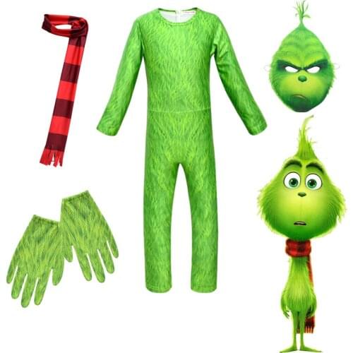 Halloween Cosplay Costume Party Grinched Kid Clothing Halloween Kids The Grinched Bodysuit Mask Funny Carnival Costumes Set