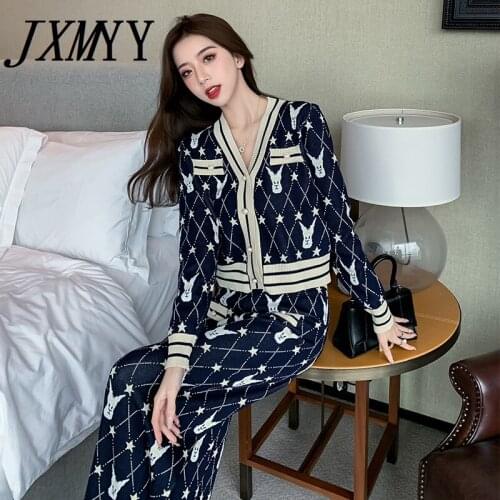 Early Autumn Small Fragrance Suit Trousers Knit Fashion Age-Reducing Western Womens Wide-Leg Pants Cardigan Two-Piece Suit