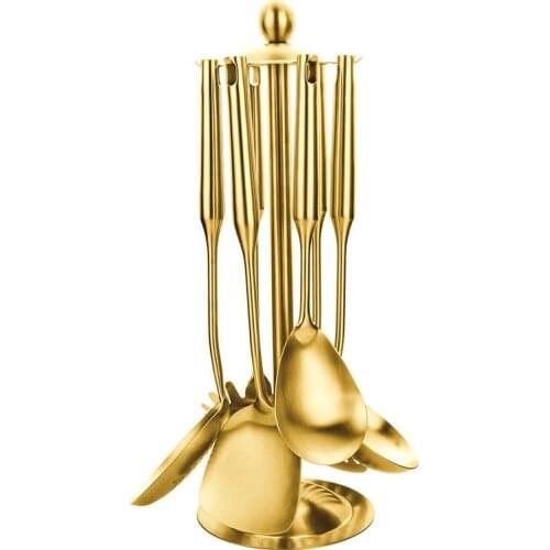Golden Kitchen Utensils Set, 18/8 Stainless Steel Cooking Tools Set Cookware Set, Turner/Soup Ladle/Strainer/Pasta Server