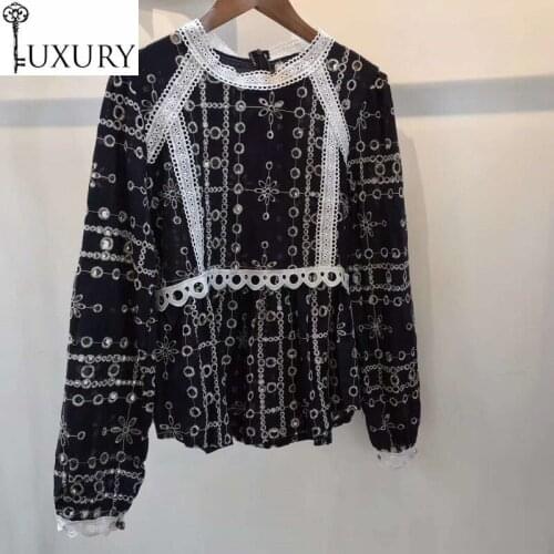 Spring Summer Fashion 2020 Blouses High Quality Women Hollow Out Embroidery Appliques Lace Patchwork Long Sleeve White Blue Tops