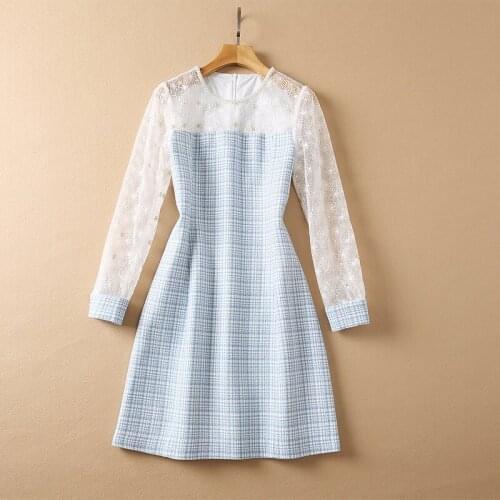 European and American womens wear new autumn 2022 Embroidered long sleeves studded beads Spliced plaid tweed Fashion dress