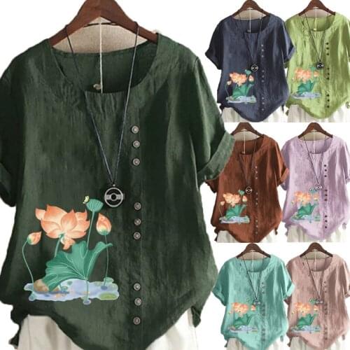 Womens Lotus Flower Printed Round Neck Comfortable T-shirt Plus Size Casual Short Sleeve Tops Blouse