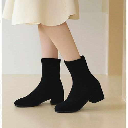 Womens Boots Square Toe Elastic Ankle Boots Thick Heel High Heels Shoes Woman New Winter Female Socks Boots Plus size 33-43