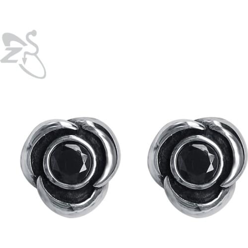 ZS Punk Flower Stud Earrings for Women Small Hip Hop Earing with Black Zirconia Stainless Steel Jewelry Accessoires Gifts 2019
